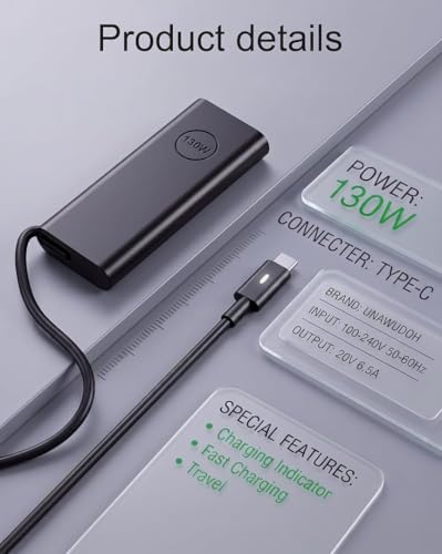 130W USB C Laptop Charger Compatible with Dell Precision 5530 5550 5560 5570 5750 5760 5770,Latitude 5401 5411 5501 5511 5520,XPS 15 17 9575 9500 9700 Power Supply Cord (DA130PM170 HA130PM170 0K00F5) - color: black