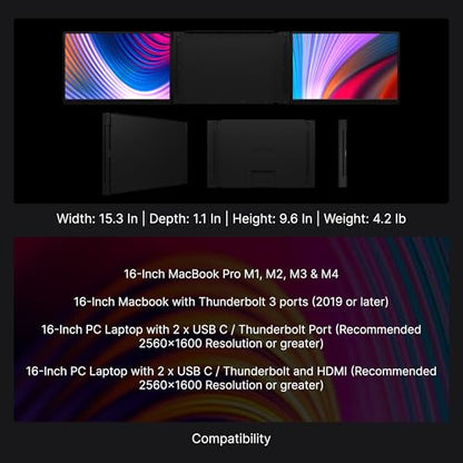 16” Pro Duo – 2K IPS Portable Dual Screen Extender, 144Hz, 100% DCI-P3, Compatible with MacBook M1/M2/M3 & Windows, HDMI/USB-C, Ideal for Gaming and Professional Use | Dual 16-inch 2K screens, 144Hz refresh rate, 100% DCI-P3 colour, 500 nits, 3ms response
