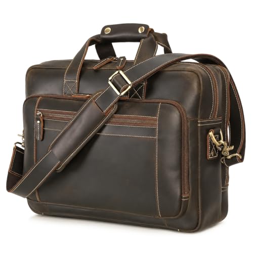 Polare 17" Full Grain Leather Laptop Briefcase Business Travel Laptop Carrying Case Shoulder Bag For Men Fits 17.3” Laptop - color: Dark Brown
