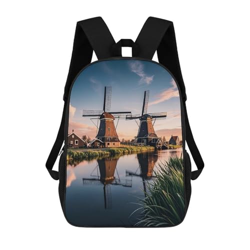 17-Inch Laptop Backpack Water-Resistant Dutch Windmill Daypack with Shoulder Strap Lightweight Casual Rucksack for Travel Commuter Hiking Outdoor Activities 20l Black