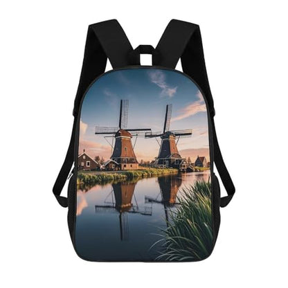 17-Inch Laptop Backpack Water-Resistant Dutch Windmill Daypack with Shoulder Strap Lightweight Casual Rucksack for Travel Commuter Hiking Outdoor Activities 20l Black