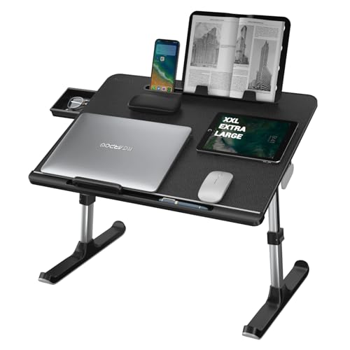 NEARPOW XXL Bed Table Tray, Adjustable Laptop Lap Desk for Couch, Gray | Bed desk for laptop and writing features anti-slip leather, 5 heights, 4 angles, book stand, a drawer & removable stopper - color: Black