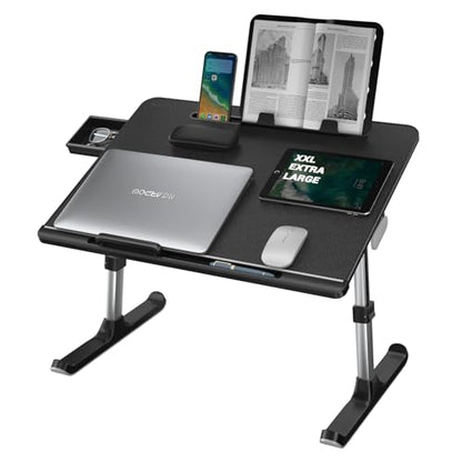 NEARPOW XXL Bed Table Tray, Adjustable Laptop Lap Desk for Couch, Gray | Bed desk for laptop and writing features anti-slip leather, 5 heights, 4 angles, book stand, a drawer & removable stopper - color: Black