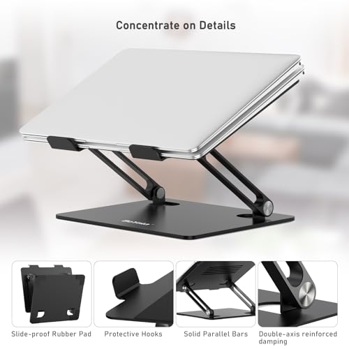 BoYata Laptop Stand, Adjustable Metal Desktop Riser, Up to 15 Inches, Black | Slide-Proof Silicone Pads and Protective Hooks Provide Stable Support for MacBook, Notebooks and Laptops up to 15 Inches - color: Black