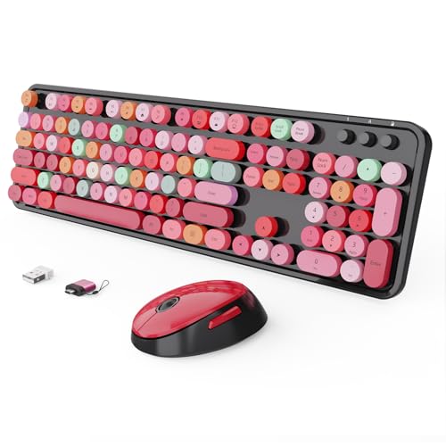 Wireless Keyboard and Mouse Combo, Ergonomic Full Size Typewriter Retro Round Keycaps Keyboard, Compatible with Windows, PC, Perfer for Home and Office Keyboards (Red - color: Berry Sundae