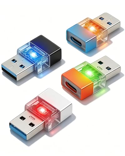 USB to USB C Adapter 4 Pack,USB A Male to Type C Female Converter Support OTG,USB 3.0 Adapter with LED for Charging Heads, Computers, Laptops(4 Pack)