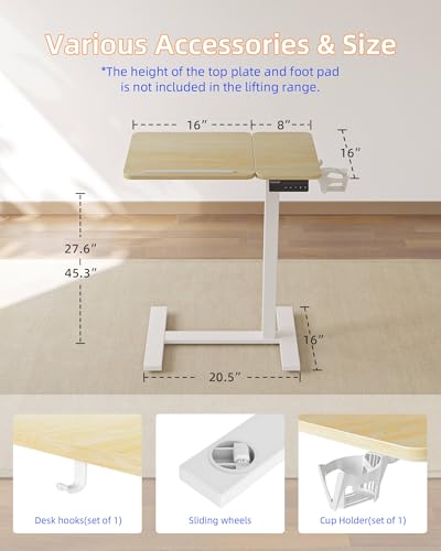 YIHAYO Electric Adjustable Overbed Bedside Table with Wheels, 24 x 16 Inches Mobile Standing Desk, Laptop Desk, Movable Overbed Tables Hospital Home Use, Natural - color: White Frame/Natural Top, size: 24*16 Inch