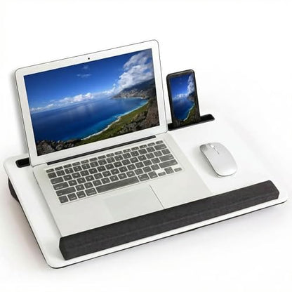 Lap Desk Home Office Lap Desk Portable Laptop Desk for Left Right - Handers with Whole Mouse Pad Wrist Pad Dual Cushion Phone Tablet Slots Fits Up to 17 Inch Laptops - color: White