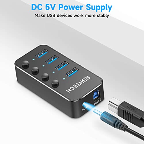 RSHTECH 4 Port Powered USB 3.0/USB C Hub Upgraded Version with 2-in-1 3.3ft USB Cable,5V Power Adapter and Individual Switches, Portable Aluminum USB Splitter for Laptop and PC, RSH-ST04 - size: 4-Port USB 3.0/USB C Hub