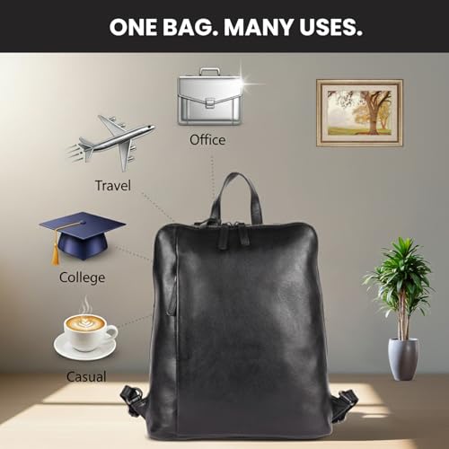 12.5 Inch Genuine Leather Backpack for Women & Men | Black Leather Backpack with Adjustable Shoulder Strap, Small Bookbag Purse with YKK Zippers, Zipper & Mobile Pocket Storage - color: Black