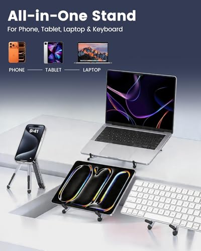 LENTION Laptop Stand, Magnetic Foldable 8-Level Adjustable MagSafe Riser | Ergonomic Portable Handhold Aluminum Tripod Holder; Fits 10-16 Inch Laptops, Phones & Tablets for Home, Office & Travel Use