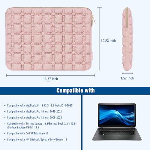 MOSISO Laptop Case 13.3 inch,13-13.3 inch Puffy Laptop Sleeve Carrying Case | Compatible with MacBook Neo/Air 13.6/Pro 13/14, HP Dell ASUS Lenovo, Raised Quilted Grid Computer Bag with Small Case, Pink - color: Pink