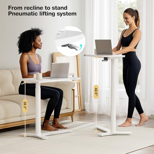 Muvai Overbed Bedside Table with Hidden Casters,30 Inches Adjustable Height Pneumatic Mobile Laptop Standing Desk, Rolling Computer Table for Home & Hospital Use ，White 30" W x 17.7" D - color: White