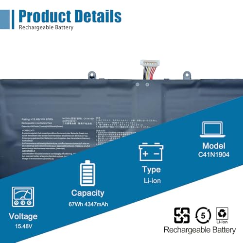 C41N1904 Laptop Battery Replacement for Asus ZenBook 13 UX325EA BX325JA UM325SA UM325UA UX325JA 14 UX425EA UM425IA UX425JA Flip 13 UX363EA Flip S UX371EA Series 15.48V 67Wh 4347mAh - size: 10.73*4.42*0.25 inch C41N1904