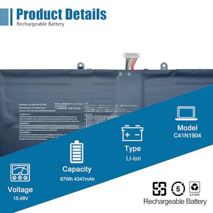 C41N1904 Laptop Battery Replacement for Asus ZenBook 13 UX325EA BX325JA UM325SA UM325UA UX325JA 14 UX425EA UM425IA UX425JA Flip 13 UX363EA Flip S UX371EA Series 15.48V 67Wh 4347mAh - size: 10.73*4.42*0.25 inch C41N1904