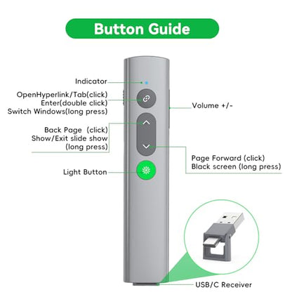 Presentation Clickers for PowerPoint Presentations, [Aluminum Alloy] + [2 in 1 USB C/A] PowerPoint Clicker with Laser Pointer Wireless Presenter PPT Slide Remote Control Clicker for Mac, Computer - style: Green Light
