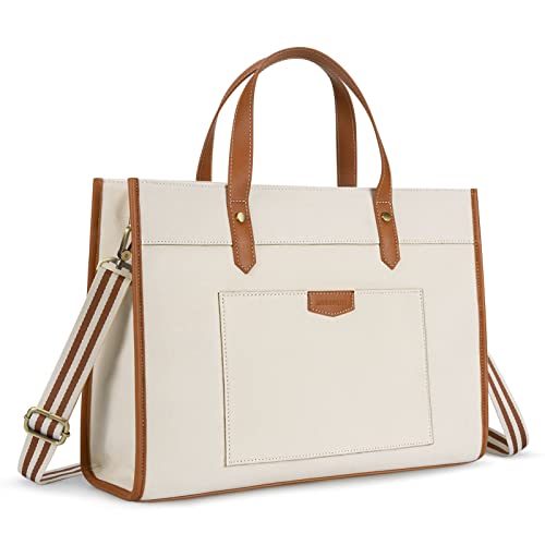 Missnine Laptop Tote Bag Canvas Laptop Bag 15.6 inch Work Shoulder Bags Casual Briefcase Handbag for Travel, Office, College - color: Brown+beige