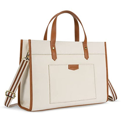 Missnine Laptop Tote Bag Canvas Laptop Bag 15.6 inch Work Shoulder Bags Casual Briefcase Handbag for Travel, Office, College - color: Brown+beige