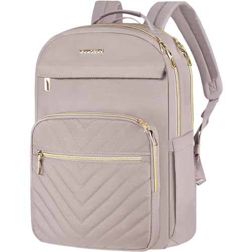 VANKEAN 17.3 Inch Laptop Backpack for Women Work Laptop Bag Fashion, Waterproof Backpacks Stylish Travel Bags Casual Daypacks for Business, Light Dusty Pink - color: Quilted Light Dusty Pink/Grey Purple, size: 17.3 Inch