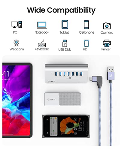 ORICO 7-Port USB 3.2 Gen2 Hub, Desktop USB 3.2 Hub with 7 USB-A Ports, 5V 3A Power Supply Port, 10Gbps Aluminium USB-Splitter with 3.28Ft USB-C to USB-C Cable for iMac, MacBooks, Mac mini - size: 100cm, style: M3U7