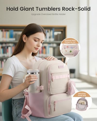 LOVEVOOK Commuter Laptop Backpack with Honeycomb Mesh Back & Ergonomic Padded Straps, 15.6" Water Resistant Travel Bag, Nurse Teacher Office Daily Commute with Accessory Pouch - color: Beige - Light Pink, size: 15.6 Inch