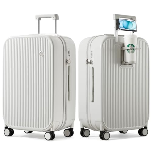 mixi Checked Luggage with Cup Phone Holder Hard Shell Rolling Travel Suitcase with Spinner Wheels,26 Inch Smoke White - color: Smoke White, size: 26-inch