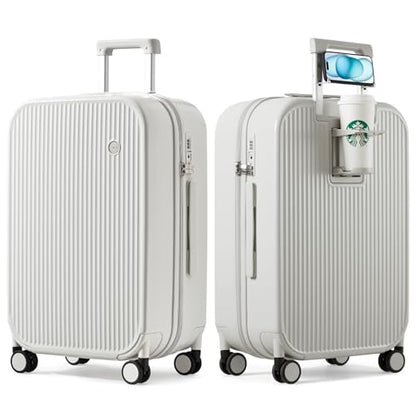 mixi Checked Luggage with Cup Phone Holder Hard Shell Rolling Travel Suitcase with Spinner Wheels,26 Inch Smoke White - color: Smoke White, size: 26-inch