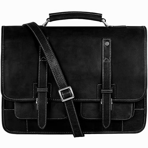 Time Resistance Leather Briefcase – Italian Handmade Leather Laptop Bag – Briefcase Convertible into Backpack - color: Black