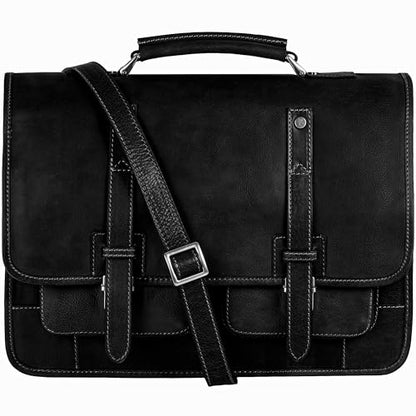Time Resistance Leather Briefcase – Italian Handmade Leather Laptop Bag – Briefcase Convertible into Backpack - color: Black