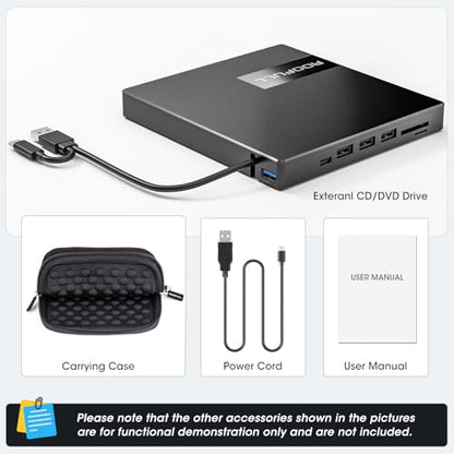 ROOFULL External CD DVD Drive with 4 USB Port & 2 SD Card Slot & Case | 8 In 1 USB-C 3.0 Optical Disk Drive CD DVD Player Burner Reader Writer for Laptop PC MacBook, Windows Linux Mac OS, RF40-SU - style: 8 In 1 Drive + Carrying Case