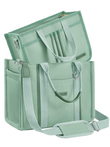 BESBESME Women’s Canvas Tote Bag with Zipper and Compartments – Multi-Pocket Laptop Work Crossbody Shoulder Tote Purse - color: Light Green, size: Large, style: Detachable Organizer