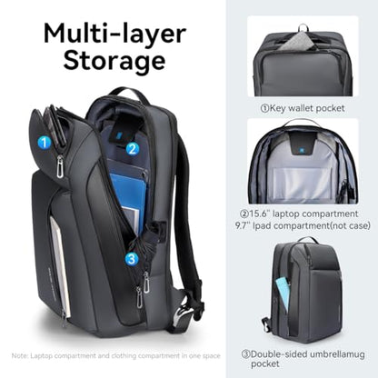 Muzee Business Backpack for Men, Travel Laptop Backpack Fits 15.6 Inch, Waterproof Expandable Bag 25L-35L, Grey Work Daypack with USB & USB-C Charging Ports, Anti-Theft Pocket, Luggage Strap