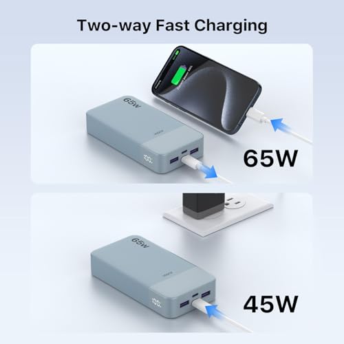 JUOVI Portable Charger 65W Power Bank 20000mAh Compact USB C Laptop Power Bank Fast Charging Battery Pack for Laptop MacBook Dell XPS iPad Tablet Steam Deck iPhone 17/16/15/14 Series Samsung and More - color: Blue