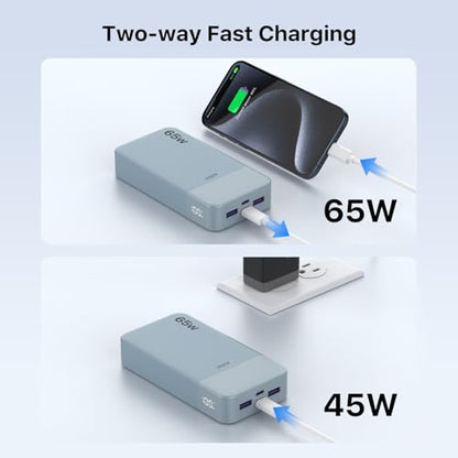 JUOVI Portable Charger 65W Power Bank 20000mAh Compact USB C Laptop Power Bank Fast Charging Battery Pack for Laptop MacBook Dell XPS iPad Tablet Steam Deck iPhone 17/16/15/14 Series Samsung and More - color: Blue