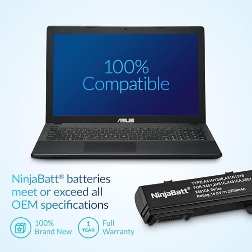 NinjaBatt Battery for Asus X551M X551 X551C A41N1308 A31N1319 X451 | Fits X551MA X551CA D550 X451C X451CA A31LJ91 A41 0B110-00250600 0B110-00250100 – 4 cells 2200mAh 14.4V 12-month warranty - size: ASUS X551