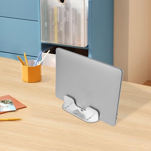 Vertical Laptop Stand Holder Double Slot Vertical Laptop Stand Adjustable Width Laptop Desk Stand Non Slip Laptop Stand Organizer Space Saving Laptop Holder for Home Office(silver)