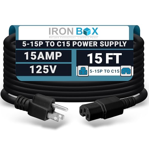 IronBox Electric - Heavy-Duty 5-15P to C15 Power Supply Cable - 15A 125V, 14/3 SJT Cord - Male End 5-15 Plug/Female End C15 Connector - UL Listed PC Power Cord - (Black,15 Foot) - color: Black, size: 15 ft