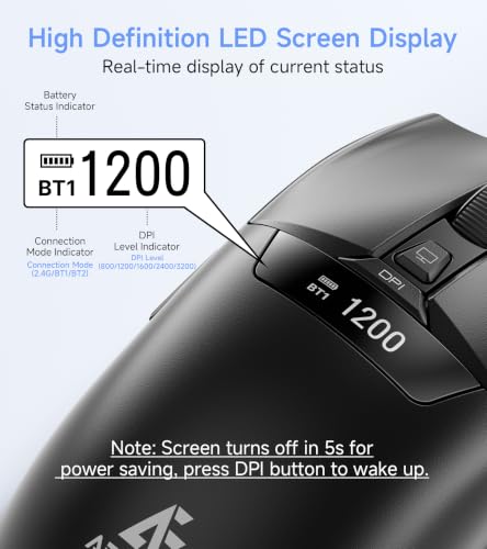 Wireless BT Mouse with Smart LED Screen, 3 Modes(2.4G & BT5.1/5.2) Connect Up to 3 Devices, Rechargeable, Silent Click, 5 DPI Levels, Ergonomic Optical Mice for Laptop PC Mac Windows, Black