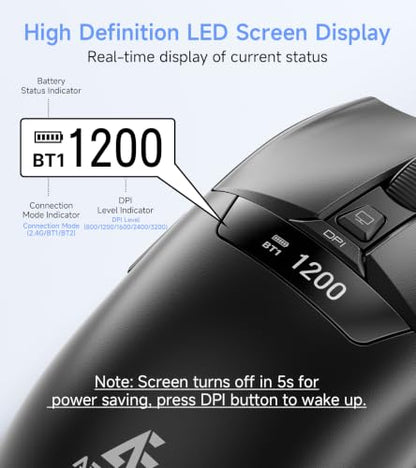 Wireless BT Mouse with Smart LED Screen, 3 Modes(2.4G & BT5.1/5.2) Connect Up to 3 Devices, Rechargeable, Silent Click, 5 DPI Levels, Ergonomic Optical Mice for Laptop PC Mac Windows, Black