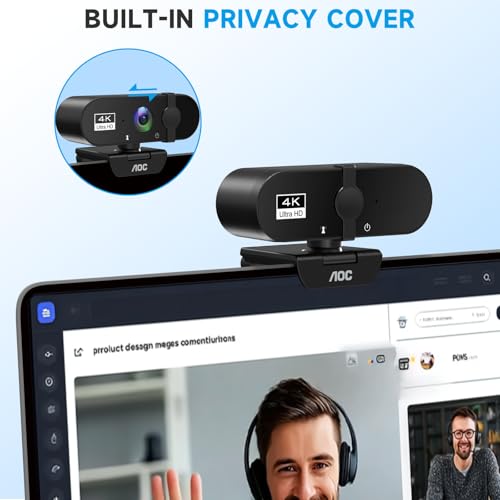 AOC 4K Webcam for PC, Streaming Computer Camera with Noise-Canceling Mic | 90° FOV, Privacy Cover, Plug & Play, Zoom/Skype/FaceTime Compatible, Works with Mac/Laptop/Switch 2, USB C-A Adapter Included - color: Black