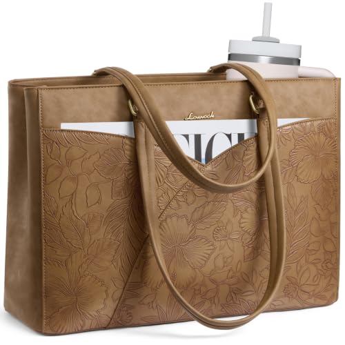 LOVEVOOK Laptop Bag for Women,15.6 Inch Work Teacher Bags Leather Tote Bag Briefcase Waterproof Computer Bag for Women，Brown embossed - color: Brown Embossed, size: 15.6 Inch