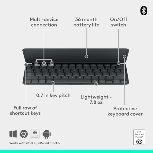 Logitech Keys-to-GO 2 Bluetooth Tablet Keyboard - Graphite | Portable Bluetooth tablet, built-in cover, slim & compact, for Windows, Android, Linux, iPad, iPhone, Mac, Apple TV - color: Graphite, style: Keys-To-Go 2