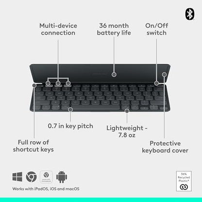 Logitech Keys-to-GO 2 Bluetooth Tablet Keyboard - Graphite | Portable Bluetooth tablet, built-in cover, slim & compact, for Windows, Android, Linux, iPad, iPhone, Mac, Apple TV - color: Graphite, style: Keys-To-Go 2
