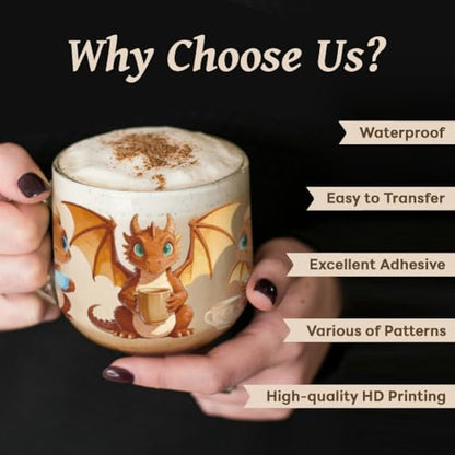 Peacoblue UV DTF Cup Wraps Transfer Stickers Cute Dragon Animal Pattern, 10 Sheets Waterproof Custom Vinyl Transfer Sticker 16oz Coffee Glass Cup Tumbler Bottle Mug Decals for Men Women - style: Cute Dragon Animal