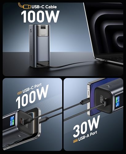 Mukiya 130W 20000mAh Power Bank with Retractable Cable & Stand | Mukiya power bank with built-in usb c cable, retractable phone stand, portable laptop charger, travel essentials