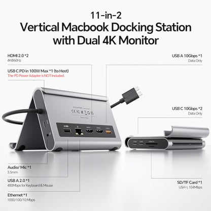 MacBook Pro Docking Station Dual Monitor 4K@60Hz for MacBook Pro/Air M3 Pro/M4/M5, PULWTOP USB C Docking Station Stand Laptop Dock with 2 HDMI, PD, Ethernet, USB A/C 10Gbps, Audio, SD/TF, USB 2.0