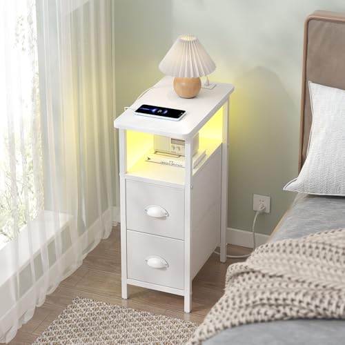 sthmec Narrow End Table with Charging Station, Narrow Side Table with 2 Fabric Drawers, LED End Table, Slim Nightstand with LED Light, Small Side Table for Small Spaces, Living Room, Bedroom, White - color: White, size: 7.87'' W x 15.75'' D x 24.37'' H, s