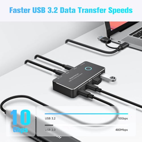 RSHTECH USB 3.2/USB C Switch 10Gbps 2 Computers Share 4 Devices, RSH-A201C | USB Switcher Selector with USB 3.2 Ports(2 USB-A+2 USB-C), 2 Cables and Controller for PC Laptop, No Video Output or Charging