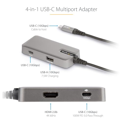 StarTech 4-in-1 USB-C Hub, 4K 60Hz HDMI, Alt-Mode, 100W PD, MacBook, TAA | Extra long 10in 25cm cable, Surface Pro 7 iPad Pro HP Elite, Thunderbolt 3/4, Chromebooks, Ultrabooks, Fast speed - style: 4-IN-1