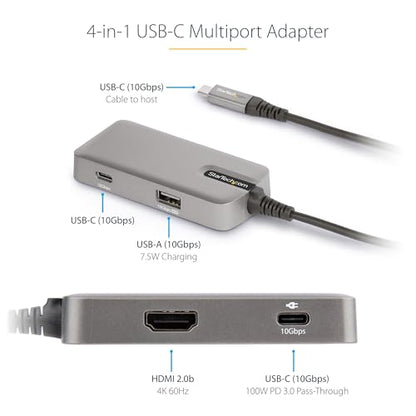 StarTech 4-in-1 USB-C Hub, 4K 60Hz HDMI, Alt-Mode, 100W PD, MacBook, TAA | Extra long 10in 25cm cable, Surface Pro 7 iPad Pro HP Elite, Thunderbolt 3/4, Chromebooks, Ultrabooks, Fast speed - style: 4-IN-1